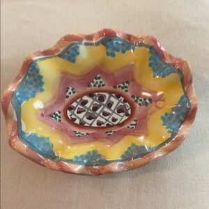 Vintage 1997 MacKenzie Childs Colorful Ceramic Oval Ruffled Dish 5” by 7”
